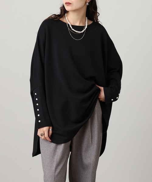 OMNES（オムネス）の「ソフトダンボールニット袖口パールボタンドルマンプルオーバー（Tシャツ/カットソー・レディース・ブラック/オフホワイト・FREE）」の15枚目の写真