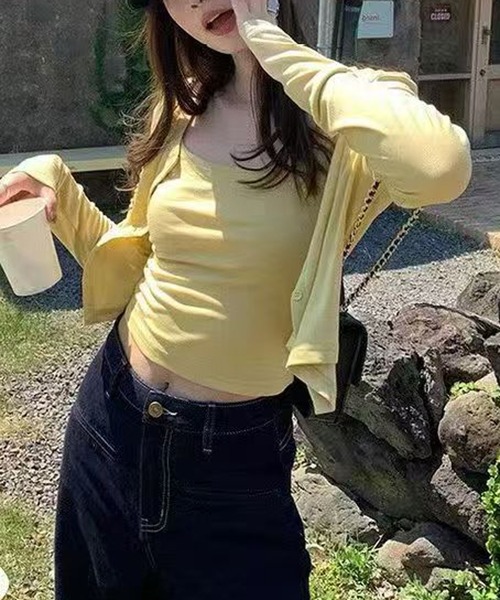 Chiina（チーナ）の「Chiina /【お得なセットアイテム】　クロップドカーディガン＆キャミソールセット（カーディガン/ボレロ・レディース・イエロー/パープル/ライトブルー・FREE）」の2枚目の写真