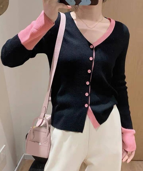 ONEP STAR（ワンピスター）の「配色アクセント付きカーディガン（カーディガン/ボレロ・レディース・ブラック/ネイビー/グレー/ベージュ・FREE）」の2枚目の写真