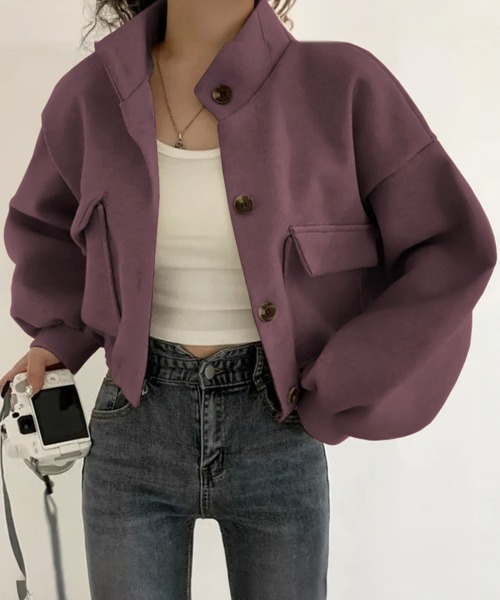 Miniministore(ミニミニストア)の「ショート丈ジャケット レディース 無地(ブルゾン・レディース・アイボリー/カーキ/ブラック/グレー/パープル・FREE)」の5枚目の写真