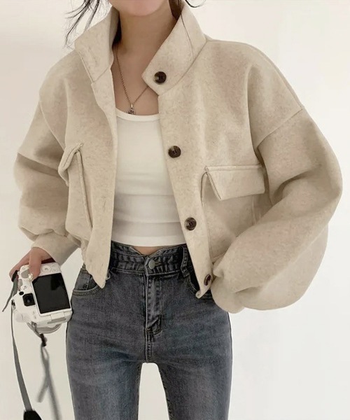 Miniministore（ミニミニストア）の「ショート丈ジャケット レディース 無地（ブルゾン・レディース・アイボリー/カーキ/ブラック/グレー・FREE）」の8枚目の写真