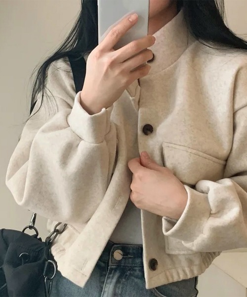 Miniministore(ミニミニストア)の「ショート丈ジャケット レディース 無地(ブルゾン・レディース・アイボリー/カーキ/ブラック/グレー/パープル・FREE)」の6枚目の写真
