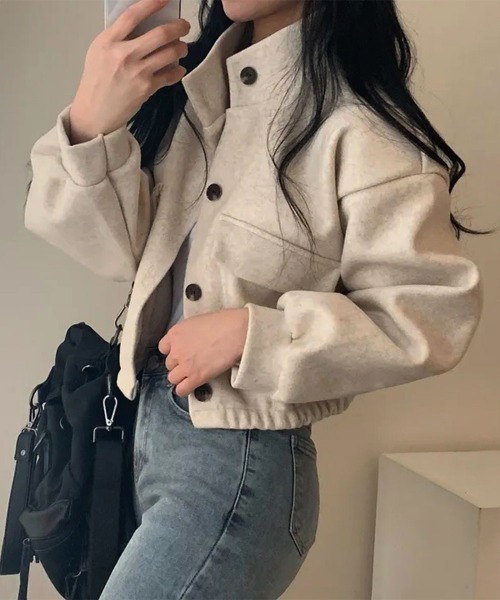 Miniministore(ミニミニストア)の「ショート丈ジャケット レディース 無地(ブルゾン・レディース・アイボリー/カーキ/ブラック/グレー/パープル・FREE)」の7枚目の写真