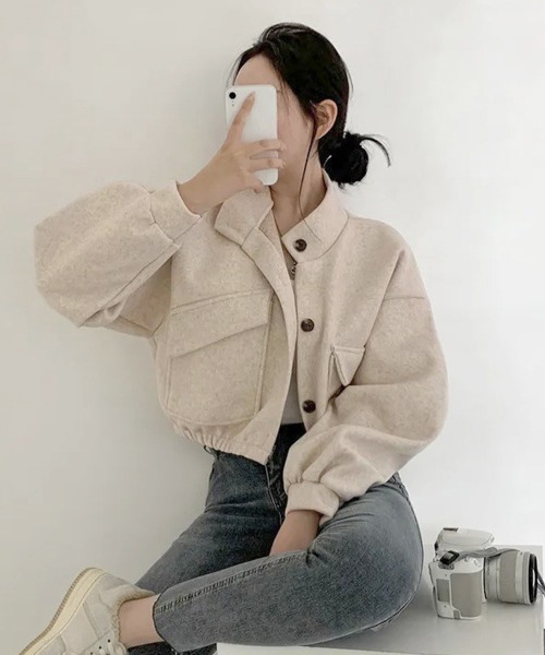 Miniministore(ミニミニストア)の「ショート丈ジャケット レディース 無地(ブルゾン・レディース・アイボリー/カーキ/ブラック/グレー/パープル・FREE)」の11枚目の写真