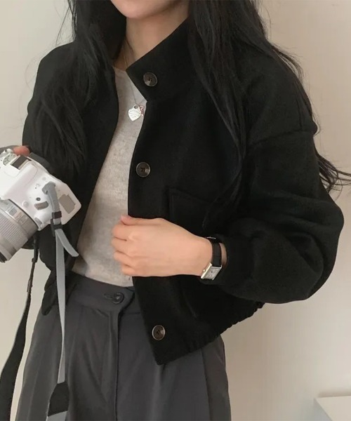 Miniministore(ミニミニストア)の「ショート丈ジャケット レディース 無地(ブルゾン・レディース・アイボリー/カーキ/ブラック/グレー/パープル・FREE)」の15枚目の写真