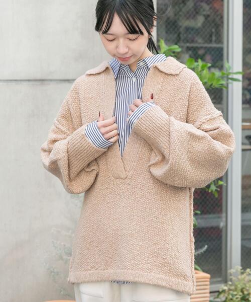 EKAL（エカル）の「鹿子編みスキッパー衿ニット（ニット/セーター・レディース・ベージュ/チャコールグレー/グレー・ONE）」の13枚目の写真