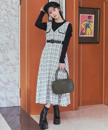 REDYAZEL（レディアゼル）の「チェックVネックロングジャンパースカート（ワンピース）」