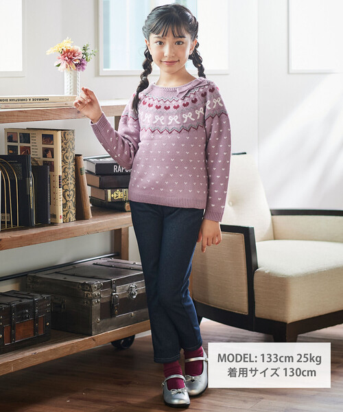 BeBe（ベベ）の「デニムムートン裏ファーリボンポイントスリムロングパンツ（デニムパンツ・キッズ・ブラック/ネイビー・120cm/100cm/130cm/110cm/140cm/150cm）」の3枚目の写真