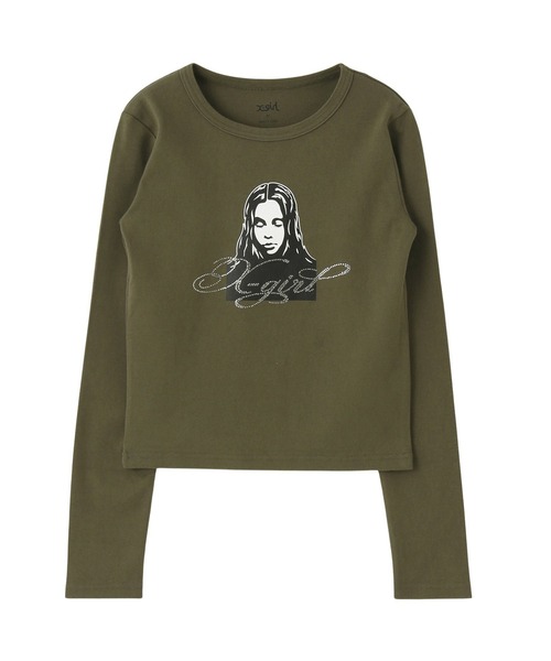 X-girl（エックスガール）の「RHINESTONE LOGO AND FACE L/S COMPACT TOP（Tシャツ/カットソー・レディース・ホワイト/ブラック/オリーブ・S/M）」の2枚目の写真