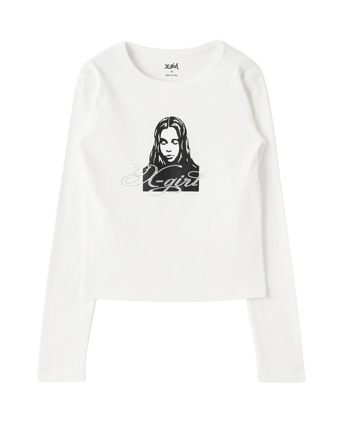X-girl（エックスガール）の「RHINESTONE LOGO AND FACE L/S COMPACT TOP（Tシャツ/カットソー・レディース・ホワイト/ブラック/オリーブ・S/M）」の5枚目の写真
