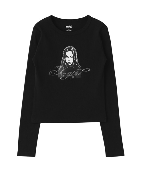 X-girl（エックスガール）の「RHINESTONE LOGO AND FACE L/S COMPACT TOP（Tシャツ/カットソー・レディース・ホワイト/ブラック/オリーブ・S/M）」の6枚目の写真