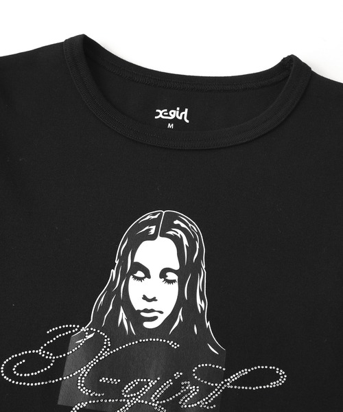 X-girl（エックスガール）の「RHINESTONE LOGO AND FACE L/S COMPACT TOP（Tシャツ/カットソー・レディース・ホワイト/ブラック/オリーブ・S/M）」の8枚目の写真