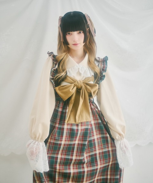 kutir（クティール）の「【クティールとレトロ】SET着用可　２WAYベロアリボンチェックジャンパースカート（ジャンパースカート・レディース・レッド/パープル/オレンジ/グリーン・MEDIUM/SMALL）」の2枚目の写真