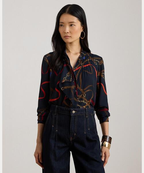 LAUREN RALPH LAUREN(ローレン ラルフ ローレン)の「プリント フリルトリム ジョーゼット シャツ(シャツ/ブラウス・レディース・ネイビー系1・XS/S/M)」の1枚目の写真