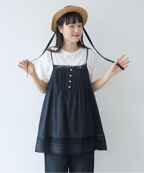 bulle de savon（ビュルデサボン）の「コットン/リネン lace×pin tuck キャミブラウス（シャツ/ブラウス・レディース・ブラック/ホワイト・FREE）」の2枚目の写真