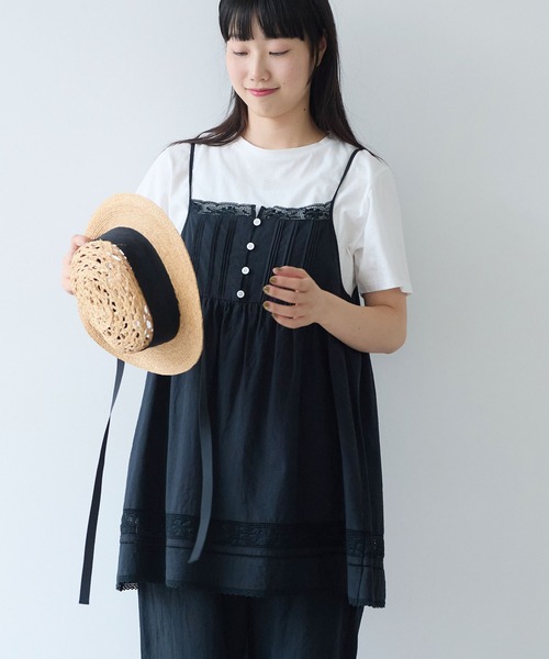 bulle de savon（ビュルデサボン）の「コットン/リネン lace×pin tuck キャミブラウス（シャツ/ブラウス・レディース・ブラック/ホワイト・FREE）」の11枚目の写真