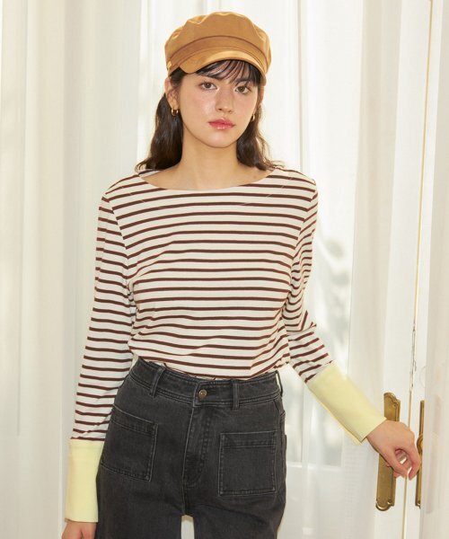 SALON DE YOHN(サロンドヨーン)の「Stripe Cuffs T_ Brown(Tシャツ/カットソー・レディース・その他・FREE)」の1枚目の写真