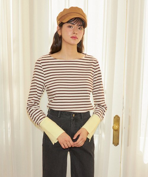 SALON DE YOHN(サロンドヨーン)の「Stripe Cuffs T_ Brown(Tシャツ/カットソー・レディース・その他・FREE)」の5枚目の写真