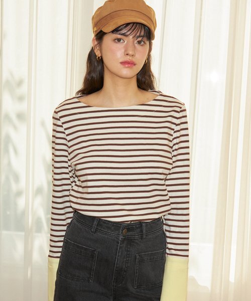 SALON DE YOHN(サロンドヨーン)の「Stripe Cuffs T_ Brown(Tシャツ/カットソー・レディース・その他・FREE)」の2枚目の写真