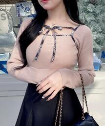 INGNI | チェック柄配色デコルテリボンニット(ニット/セーター)