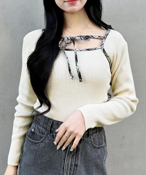 セール】チェック柄配色デコルテリボンニット（ニット/セーター