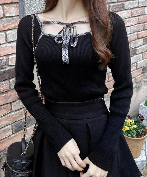 INGNI（イング）の「チェック柄配色デコルテリボンニット（ニット/セーター・レディース・ブラック系9/ベージュ系8/ホワイト系その他4・M）」の3枚目の写真