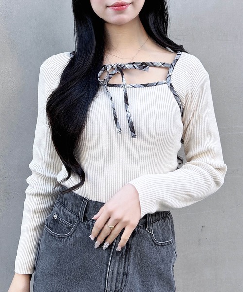 INGNI（イング）の「チェック柄配色デコルテリボンニット（ニット/セーター・レディース・ブラック系9/ベージュ系8/ホワイト系その他4・M）」の17枚目の写真