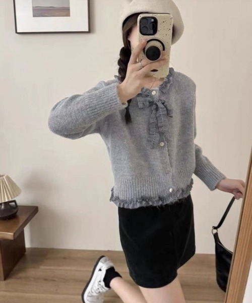 Miniministore(ミニミニストア)の「フリルカラーニットリボンカーディガン甘め(ニット/セーター・レディース・アイボリー/グレー・FREE)」の4枚目の写真