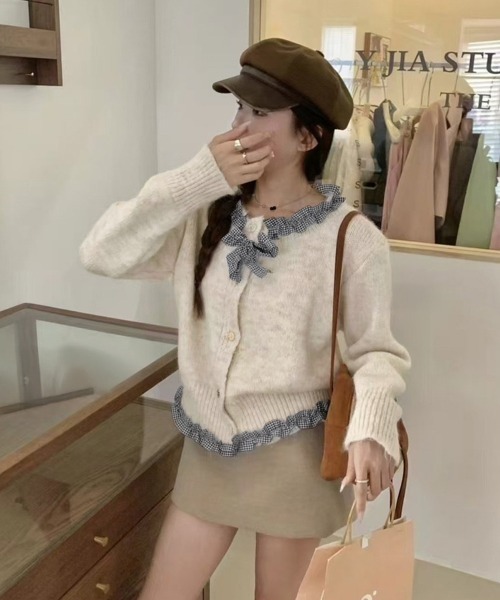 Miniministore(ミニミニストア)の「フリルカラーニットリボンカーディガン甘め(ニット/セーター・レディース・アイボリー/グレー・FREE)」の8枚目の写真