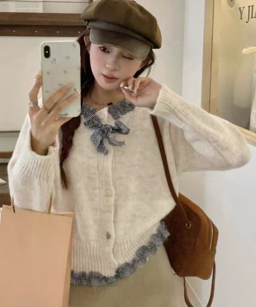 Miniministore(ミニミニストア)の「フリルカラーニットリボンカーディガン甘め(ニット/セーター・レディース・アイボリー/グレー・FREE)」の9枚目の写真
