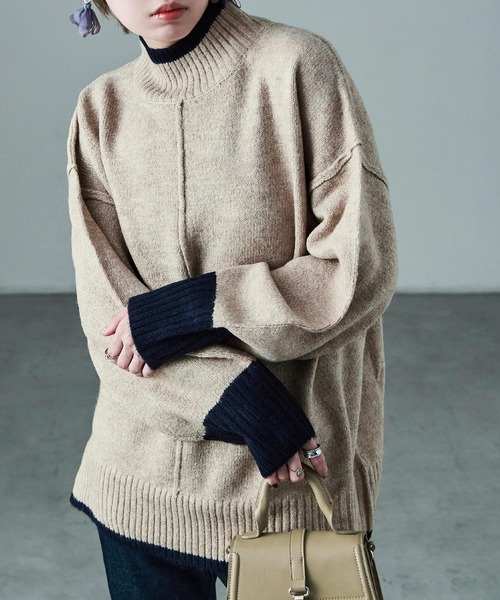 Fashion Letter(ファッションレター)の「ボリューム袖 ハイネック配色ニット(ニット/セーター・レディース・グレー/ベージュ/チャコール・M)」の3枚目の写真