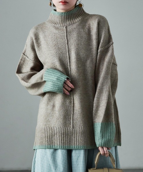 Fashion Letter(ファッションレター)の「ボリューム袖 ハイネック配色ニット(ニット/セーター・レディース・グレー/ベージュ/チャコール・M)」の1枚目の写真