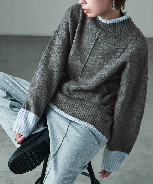 Fashion Letter(ファッションレター)の「ボリューム袖 ハイネック配色ニット(ニット/セーター・レディース・グレー/ベージュ/チャコール・M)」の2枚目の写真