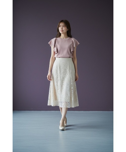 SWINGLE（スウィングル）の「シアーチェック×フレアスリーブニットプルオーバー（Tシャツ/カットソー・レディース・ピンク/ブラック/オフホワイト・FREE）」の3枚目の写真