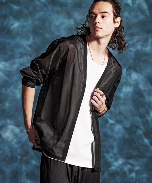 Jih Nunc（ジーヌンク）の「mcg3759-メッシュシアボタンレスカーディガン(JIH-R1143)（カーディガン/ボレロ・メンズ・オートミール/ブラック/グレー・L/M/S）」の2枚目の写真