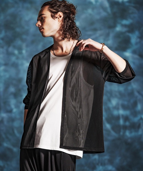 Jih Nunc（ジーヌンク）の「mcg3759-メッシュシアボタンレスカーディガン(JIH-R1143)（カーディガン/ボレロ・メンズ・オートミール/ブラック/グレー・L/M/S）」の4枚目の写真