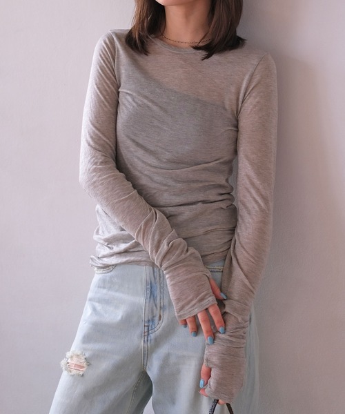 AKTE（アクテ）の「シースルーサムホールトップス（Tシャツ/カットソー・レディース・グレー/ホワイト/レッド・FREE）」の2枚目の写真