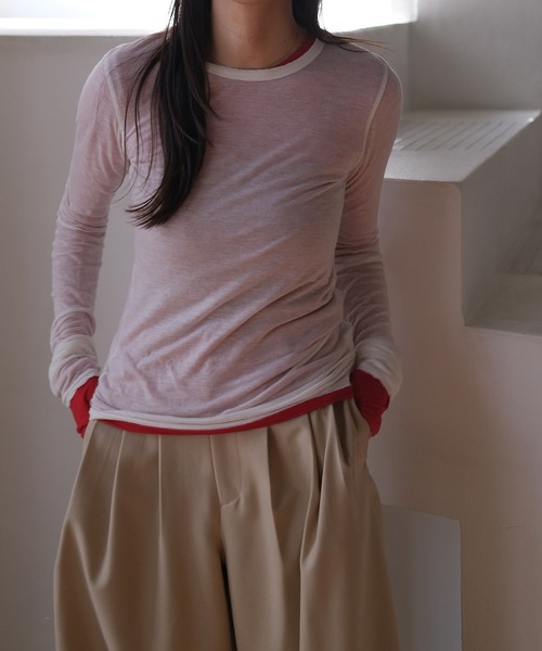 AKTE（アクテ）の「シースルーサムホールトップス（Tシャツ/カットソー・レディース・グレー/ホワイト/レッド・FREE）」の8枚目の写真