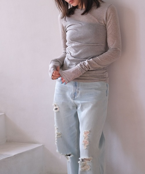 AKTE（アクテ）の「シースルーサムホールトップス（Tシャツ/カットソー・レディース・グレー/ホワイト/レッド・FREE）」の13枚目の写真