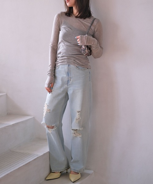 AKTE（アクテ）の「シースルーサムホールトップス（Tシャツ/カットソー・レディース・グレー/ホワイト/レッド・FREE）」の14枚目の写真