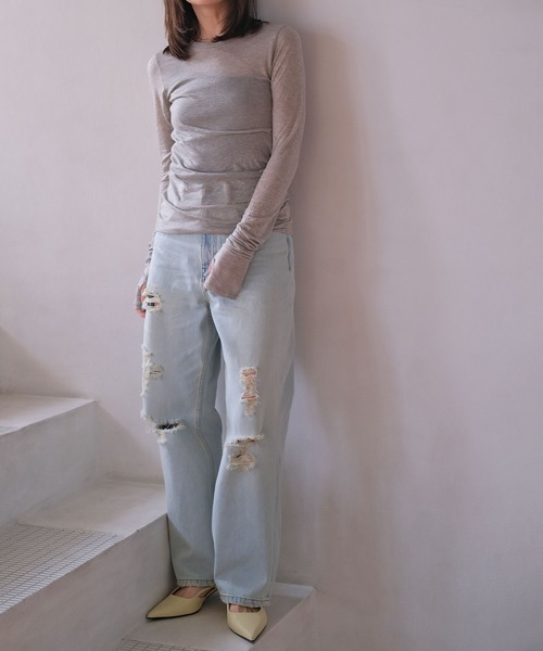 AKTE（アクテ）の「シースルーサムホールトップス（Tシャツ/カットソー・レディース・グレー/ホワイト/レッド・FREE）」の17枚目の写真