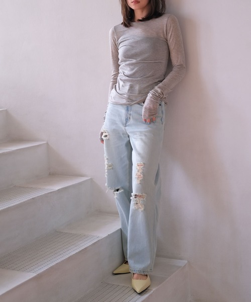 AKTE（アクテ）の「シースルーサムホールトップス（Tシャツ/カットソー・レディース・グレー/ホワイト/レッド・FREE）」の12枚目の写真