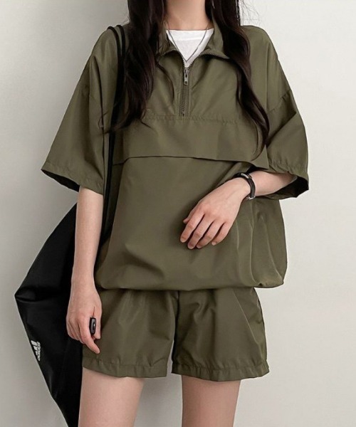SHEPP（シープ）の「【26年春夏新作】【2点セット】ハーフジップ 半袖アノラックプルオーバー＆ショートパンツ（セットアップ・レディース・ブラック/カーキ・M/L）」の9枚目の写真