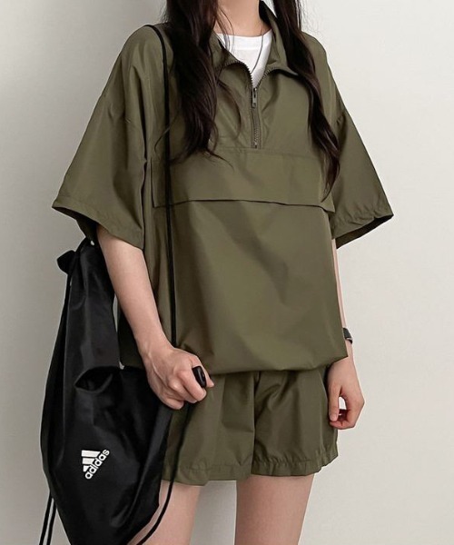 SHEPP（シープ）の「【26年春夏新作】【2点セット】ハーフジップ 半袖アノラックプルオーバー＆ショートパンツ（セットアップ・レディース・ブラック/カーキ・M/L）」の8枚目の写真