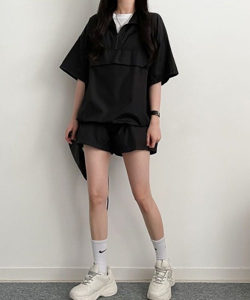 SHEPP（シープ）の「【26年春夏新作】【2点セット】ハーフジップ 半袖アノラックプルオーバー＆ショートパンツ（セットアップ・レディース・ブラック/カーキ・M/L）」の6枚目の写真