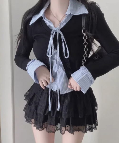 VIVID LADY(ビビッドレディー)の「ストライプシャツ フリルカーディガン レイヤード風トップス(シャツ/ブラウス・レディース・ブラック/アイボリー/グレー・FREE)」の3枚目の写真