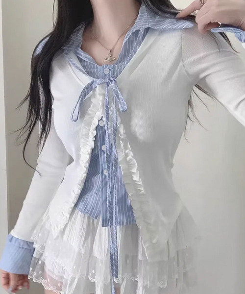 VIVID LADY(ビビッドレディー)の「ストライプシャツ フリルカーディガン レイヤード風トップス(シャツ/ブラウス・レディース・ブラック/アイボリー/グレー・FREE)」の5枚目の写真