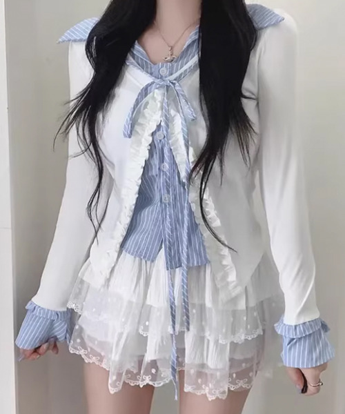 VIVID LADY(ビビッドレディー)の「ストライプシャツ フリルカーディガン レイヤード風トップス(シャツ/ブラウス・レディース・ブラック/アイボリー/グレー・FREE)」の8枚目の写真