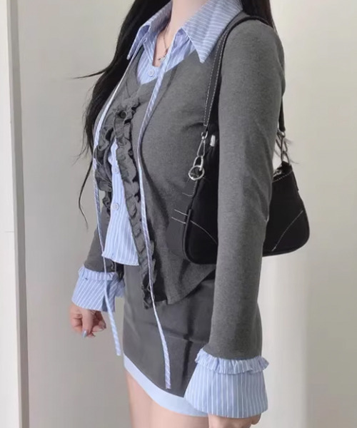 VIVID LADY(ビビッドレディー)の「ストライプシャツ フリルカーディガン レイヤード風トップス(シャツ/ブラウス・レディース・ブラック/アイボリー/グレー・FREE)」の10枚目の写真