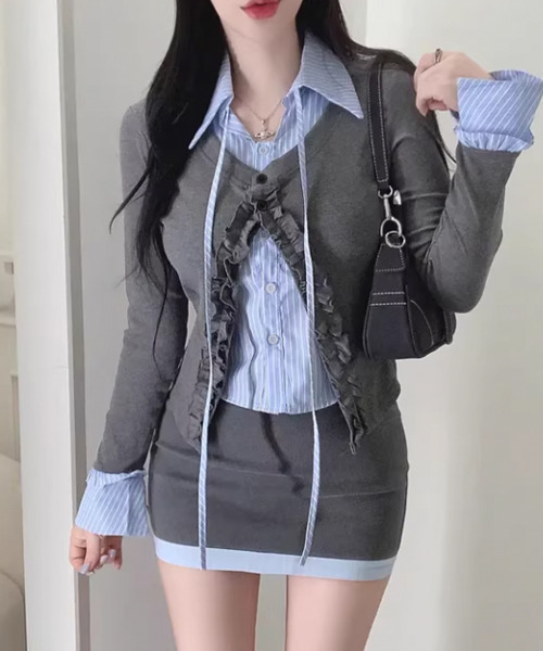 VIVID LADY(ビビッドレディー)の「ストライプシャツ フリルカーディガン レイヤード風トップス(シャツ/ブラウス・レディース・ブラック/アイボリー/グレー・FREE)」の12枚目の写真